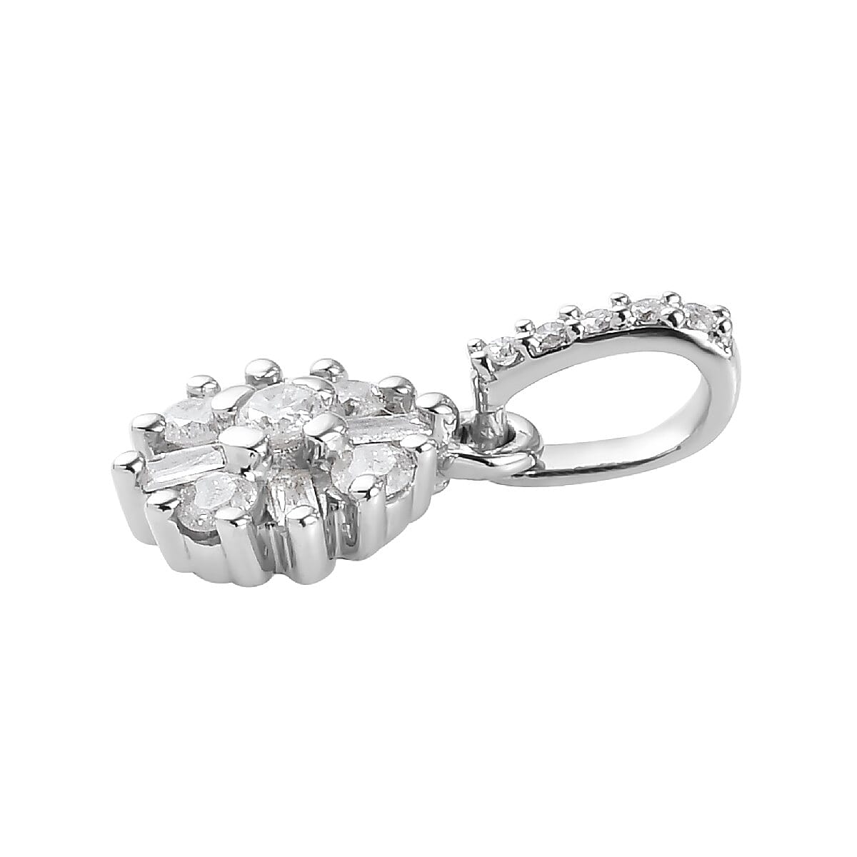 9K White Gold Natural White Diamond (Rnd and Bgt) Starburst Pendant 0.16 Ct.