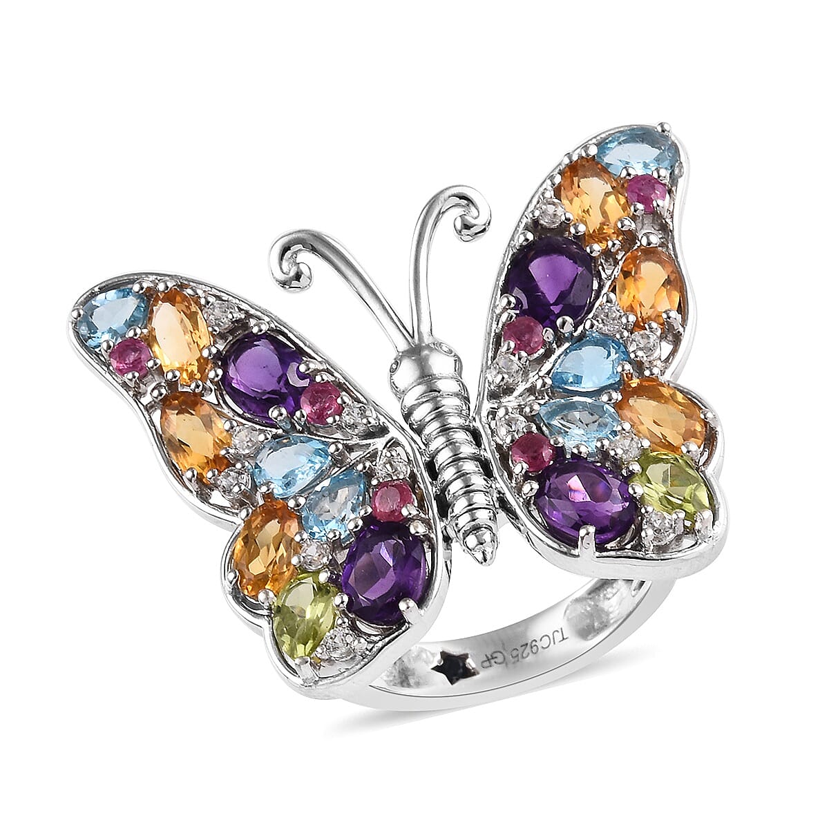 GP Amethyst (Ovl), Blue Sapphire and Multi Gemstone Butterfly Ring in Platinum Overlay Sterling Silver 4.47 Ct, Silver wt 8.21 Gms