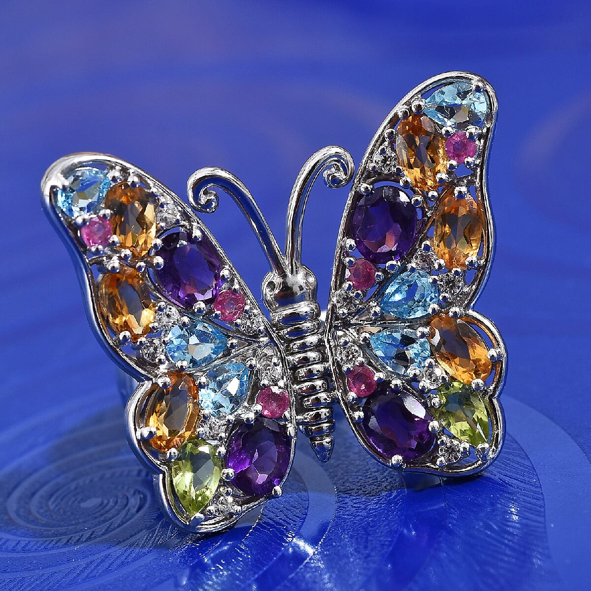 GP Amethyst (Ovl), Blue Sapphire and Multi Gemstone Butterfly Ring in Platinum Overlay Sterling Silver 4.47 Ct, Silver wt 8.21 Gms