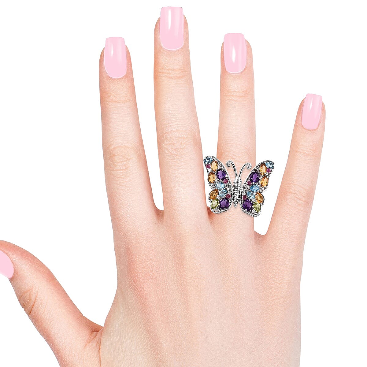 GP Amethyst (Ovl), Blue Sapphire and Multi Gemstone Butterfly Ring in Platinum Overlay Sterling Silver 4.47 Ct, Silver wt 8.21 Gms