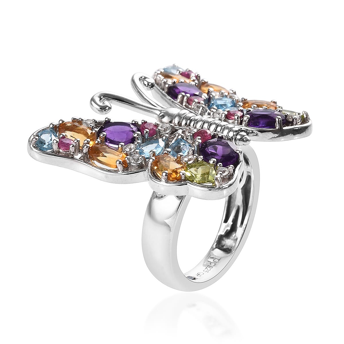 GP Amethyst (Ovl), Blue Sapphire and Multi Gemstone Butterfly Ring in Platinum Overlay Sterling Silver 4.47 Ct, Silver wt 8.21 Gms