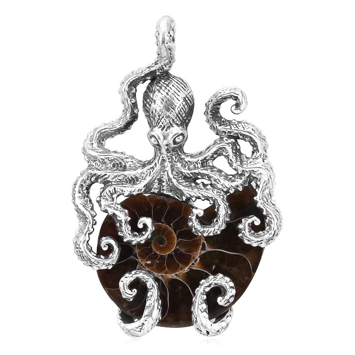Royal Bali Collection - Ammonite Fossil Octopus Pendant in Sterling Silver, Silver wt 12.40 Gms