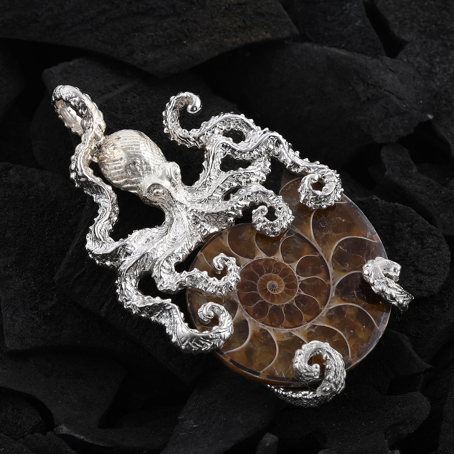 Royal Bali Collection - Ammonite Fossil Octopus Pendant in Sterling Silver, Silver wt 12.40 Gms