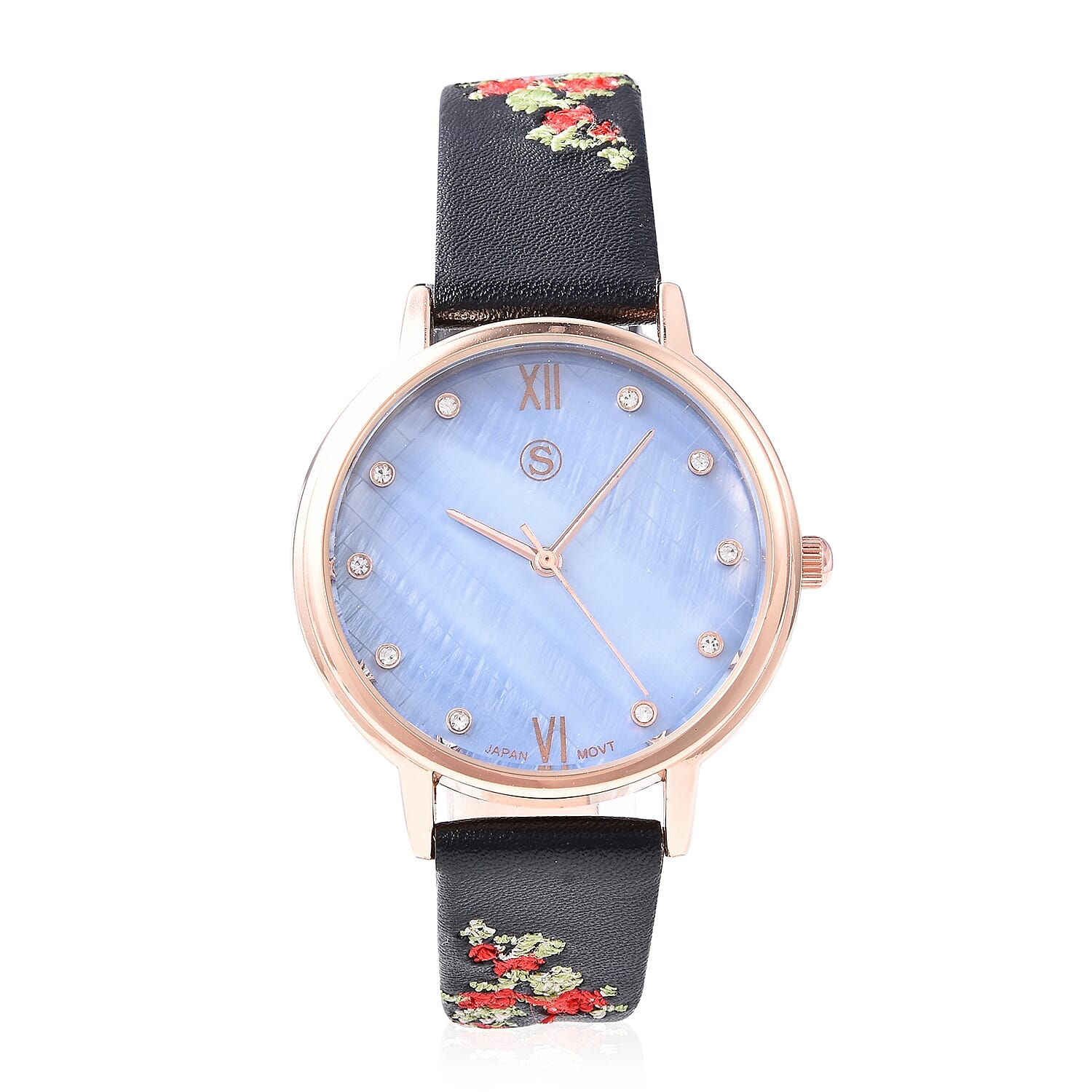 STRADA Japanese Movement White Austrian Crystal (Rnd) Water Resistance Watch with Floral Embroidery Black Colour Strap