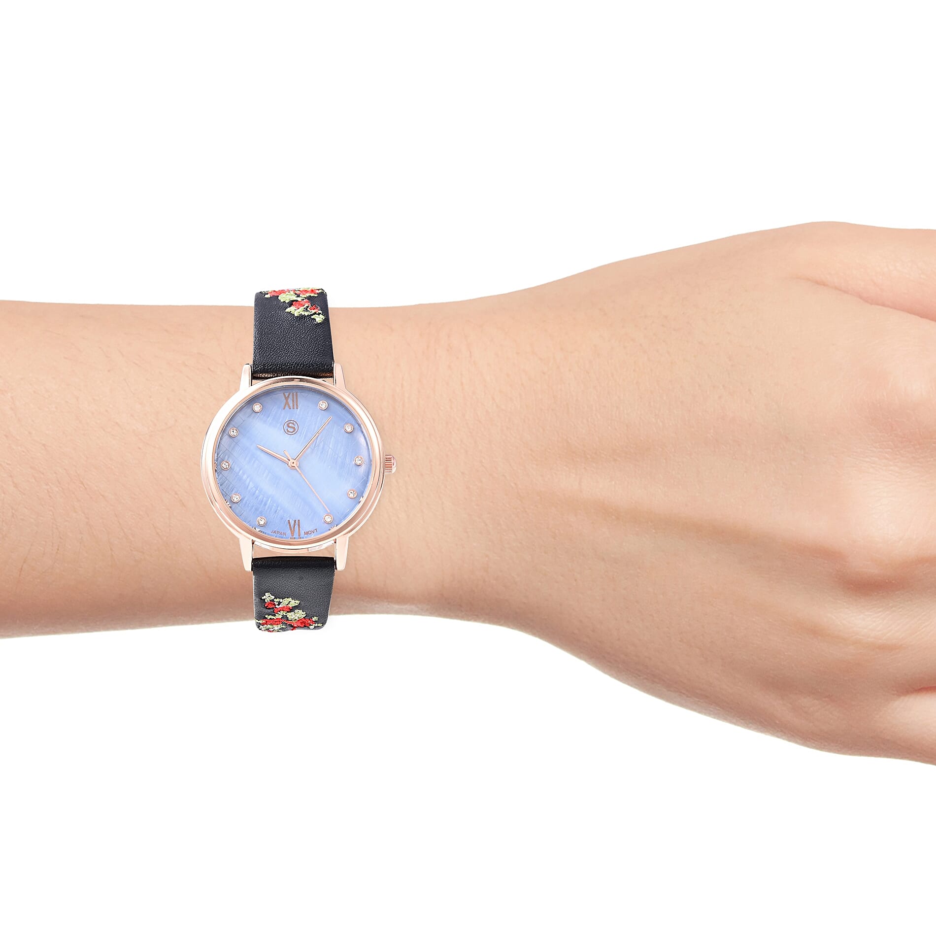 STRADA Japanese Movement White Austrian Crystal (Rnd) Water Resistance Watch with Floral Embroidery Black Colour Strap