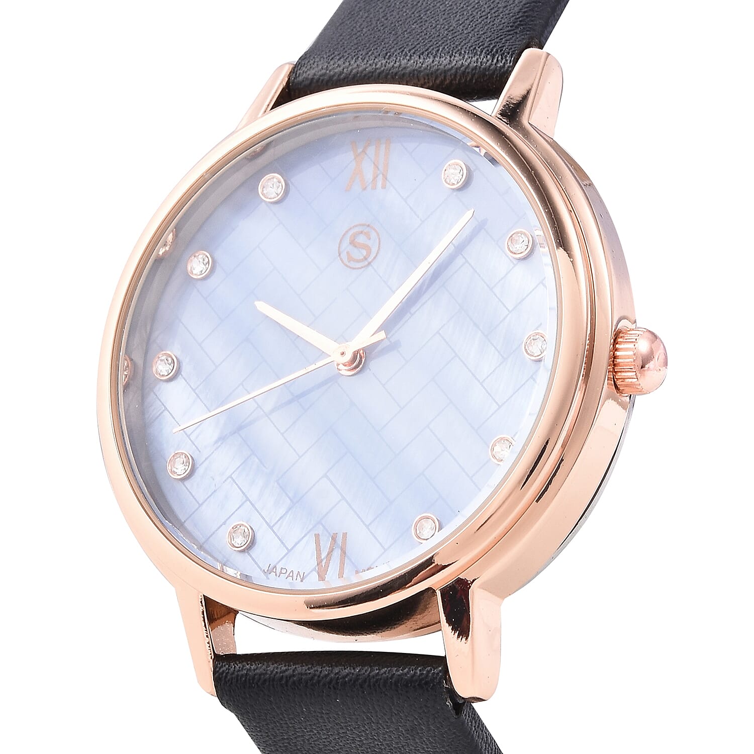 STRADA Japanese Movement White Austrian Crystal (Rnd) Water Resistance Watch with Floral Embroidery Black Colour Strap