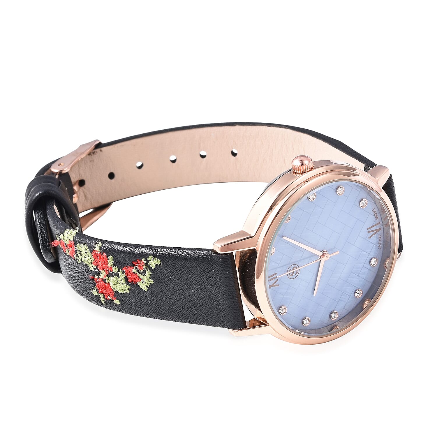 STRADA Japanese Movement White Austrian Crystal (Rnd) Water Resistance Watch with Floral Embroidery Black Colour Strap