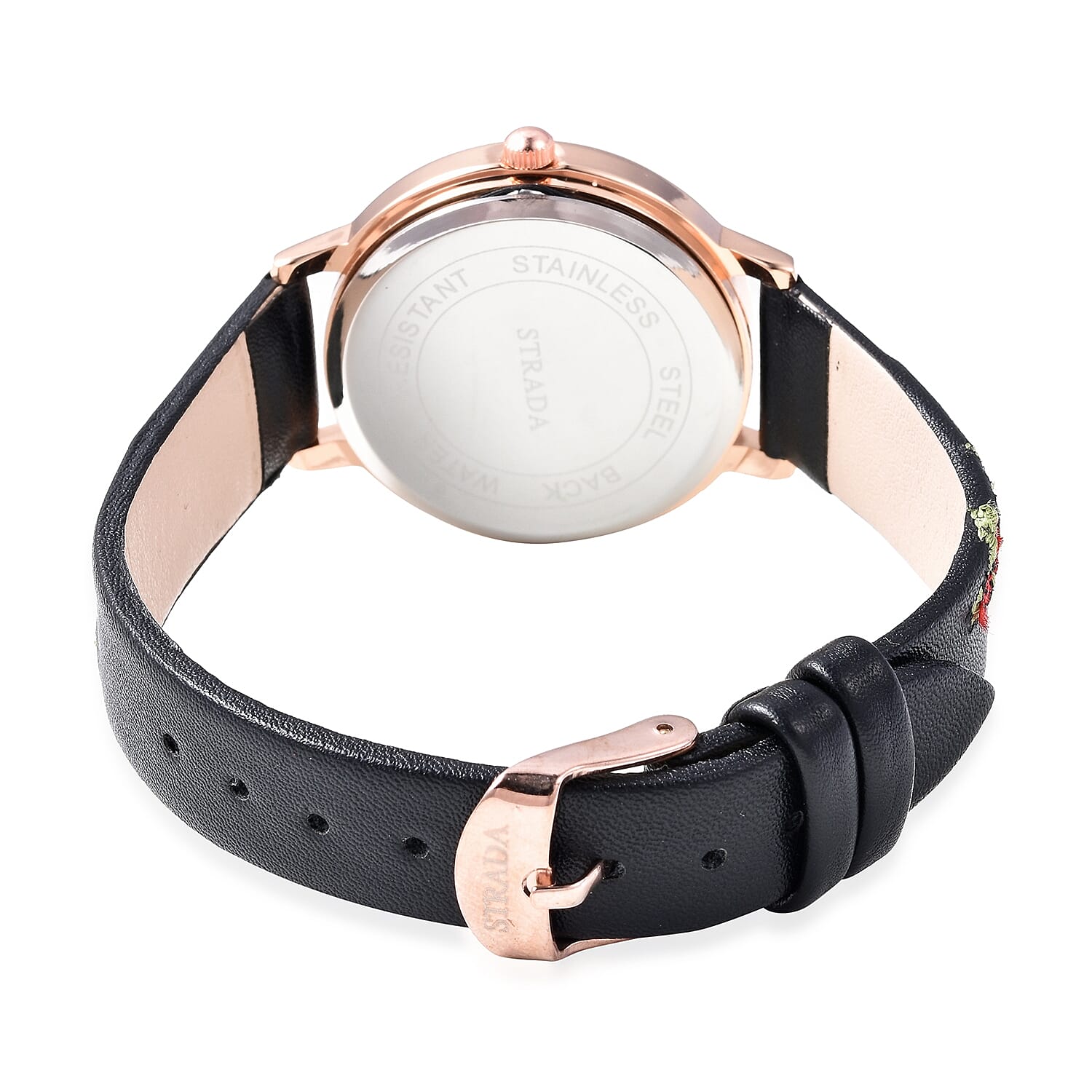 STRADA Japanese Movement White Austrian Crystal (Rnd) Water Resistance Watch with Floral Embroidery Black Colour Strap