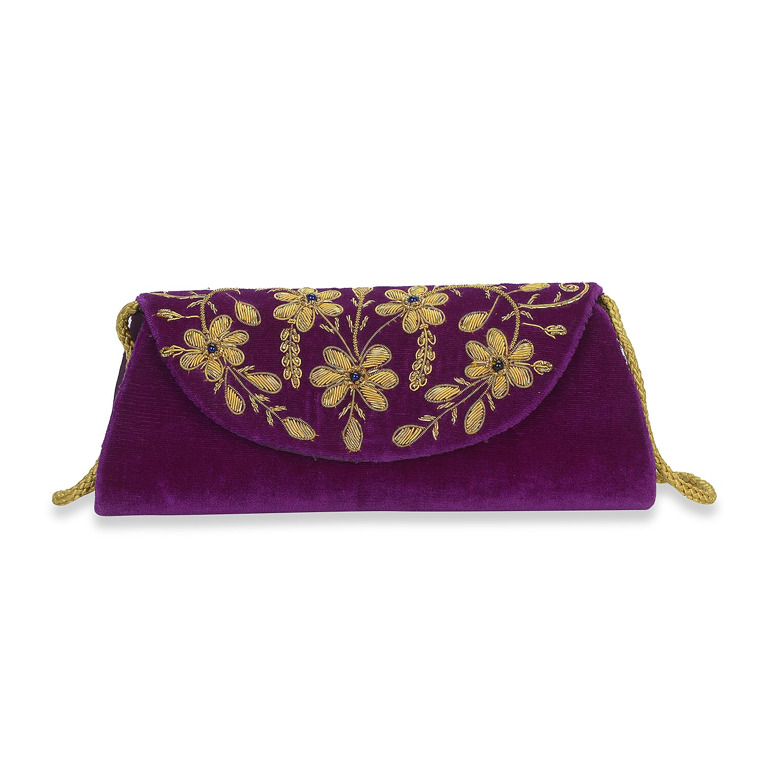 Peacock Sequence Hand Embroidered Velvet Clutch with Shoulder Strap (Size 25.4x12.7 Cm) - Purple