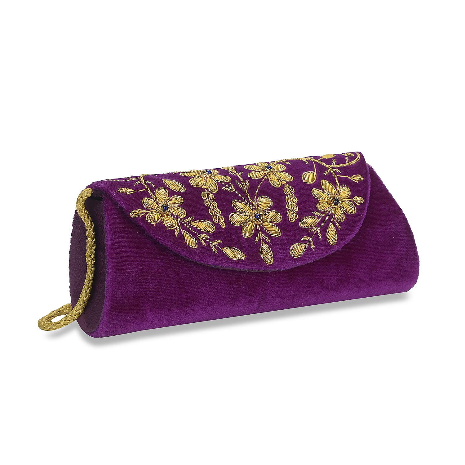 Peacock Sequence Hand Embroidered Velvet Clutch with Shoulder Strap (Size 25.4x12.7 Cm) - Purple