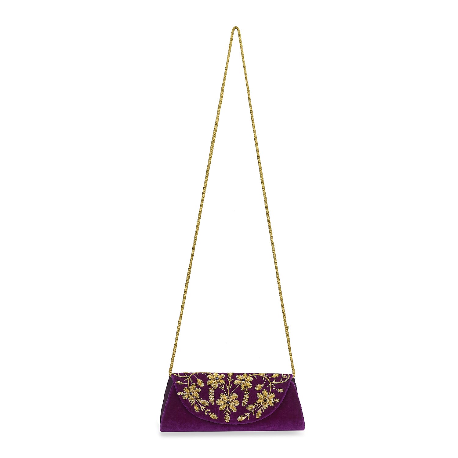 Peacock Sequence Hand Embroidered Velvet Clutch with Shoulder Strap (Size 25.4x12.7 Cm) - Purple