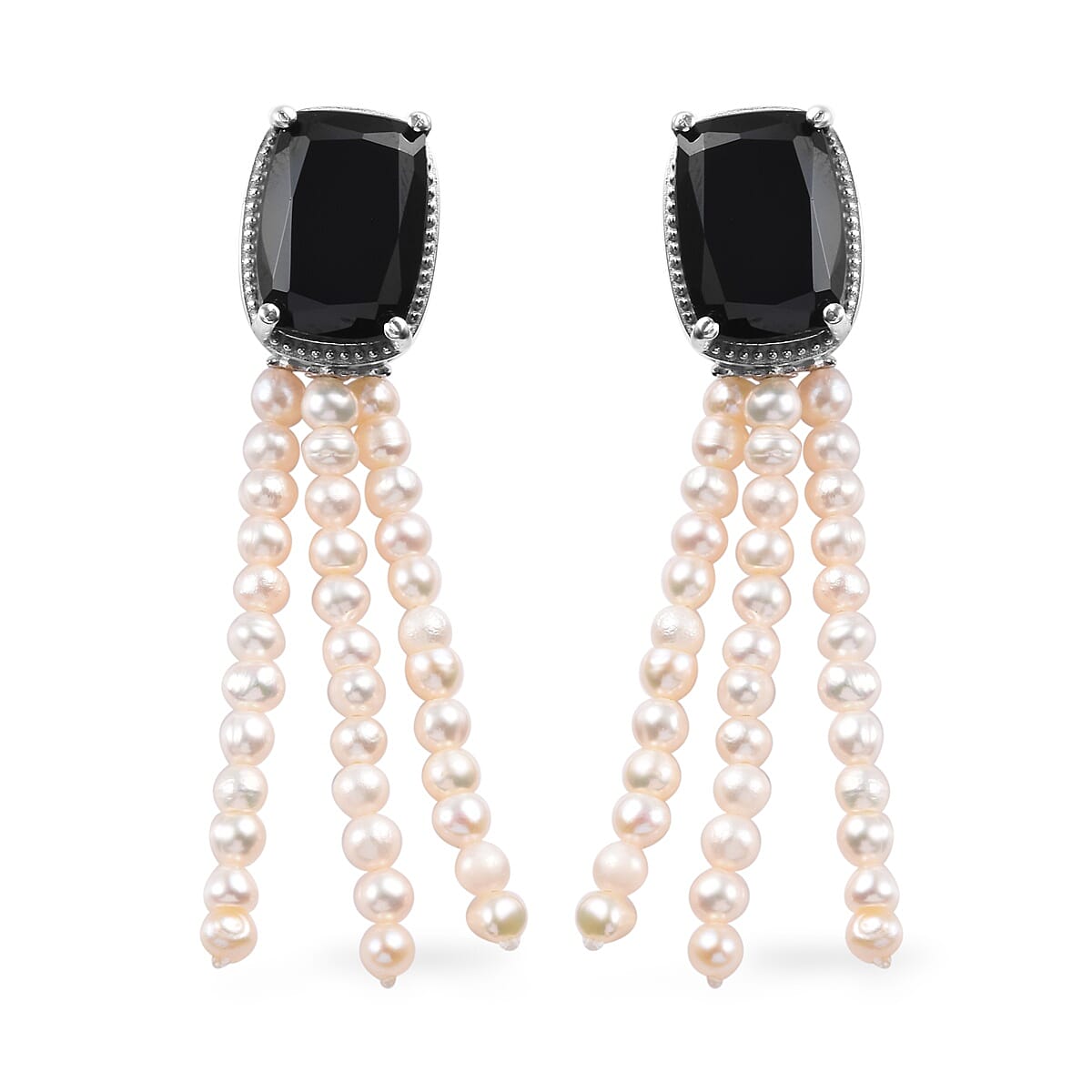 Natural Boi Ploi Black Spinel (Cush 14x10 mm), Freshwater Pearl Earrings (with Push Back) in Platinum Overlay Sterling Silver 32.50 Ct.