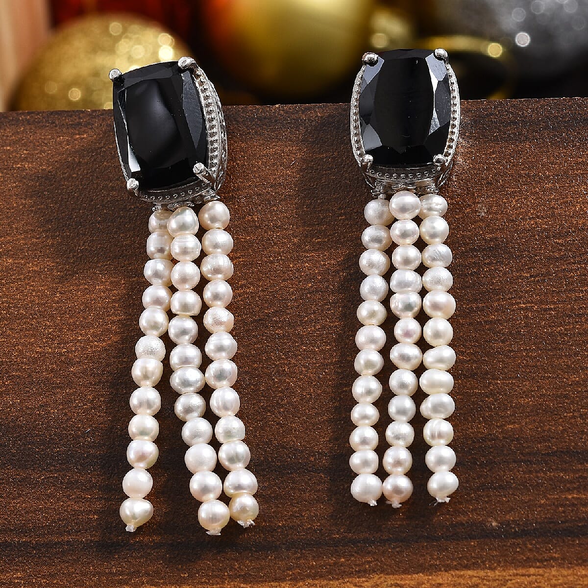 Natural Boi Ploi Black Spinel (Cush 14x10 mm), Freshwater Pearl Earrings (with Push Back) in Platinum Overlay Sterling Silver 32.50 Ct.