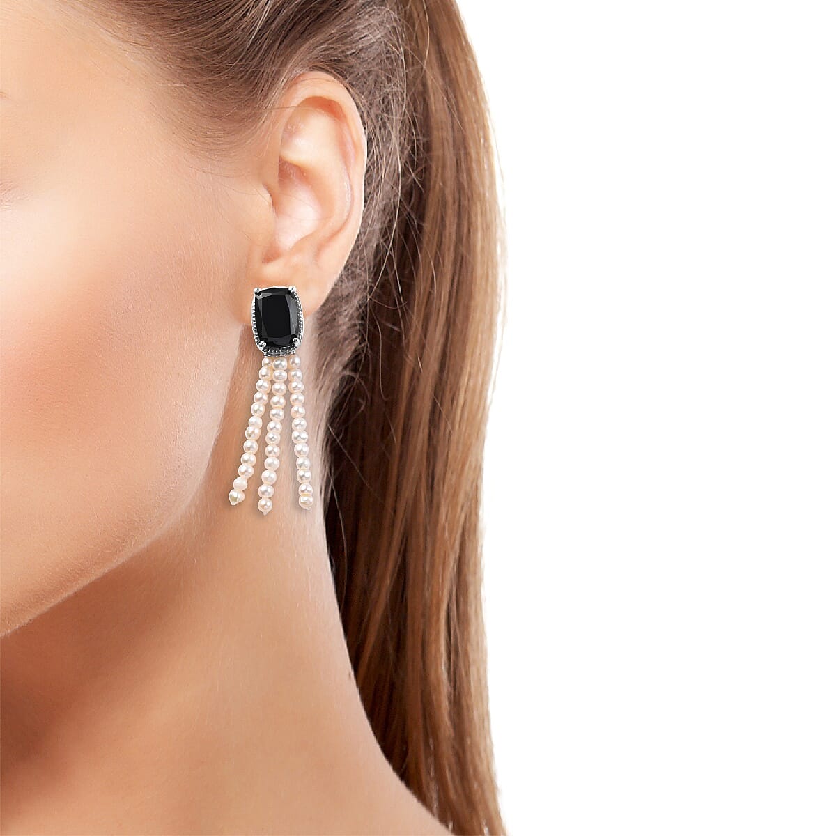 Natural Boi Ploi Black Spinel (Cush 14x10 mm), Freshwater Pearl Earrings (with Push Back) in Platinum Overlay Sterling Silver 32.50 Ct.
