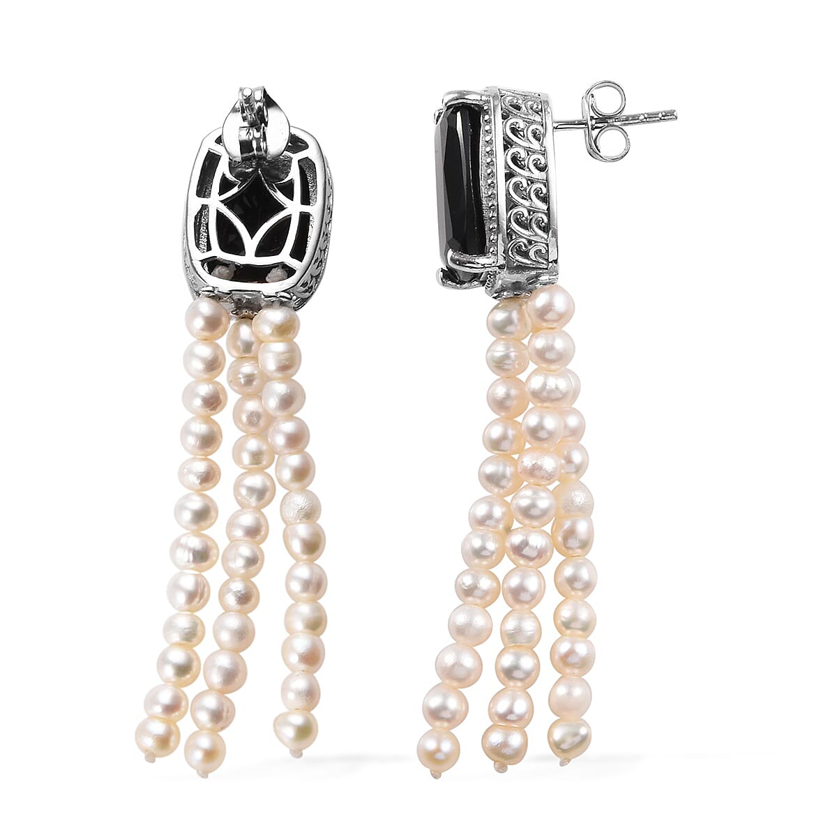 Natural Boi Ploi Black Spinel (Cush 14x10 mm), Freshwater Pearl Earrings (with Push Back) in Platinum Overlay Sterling Silver 32.50 Ct.