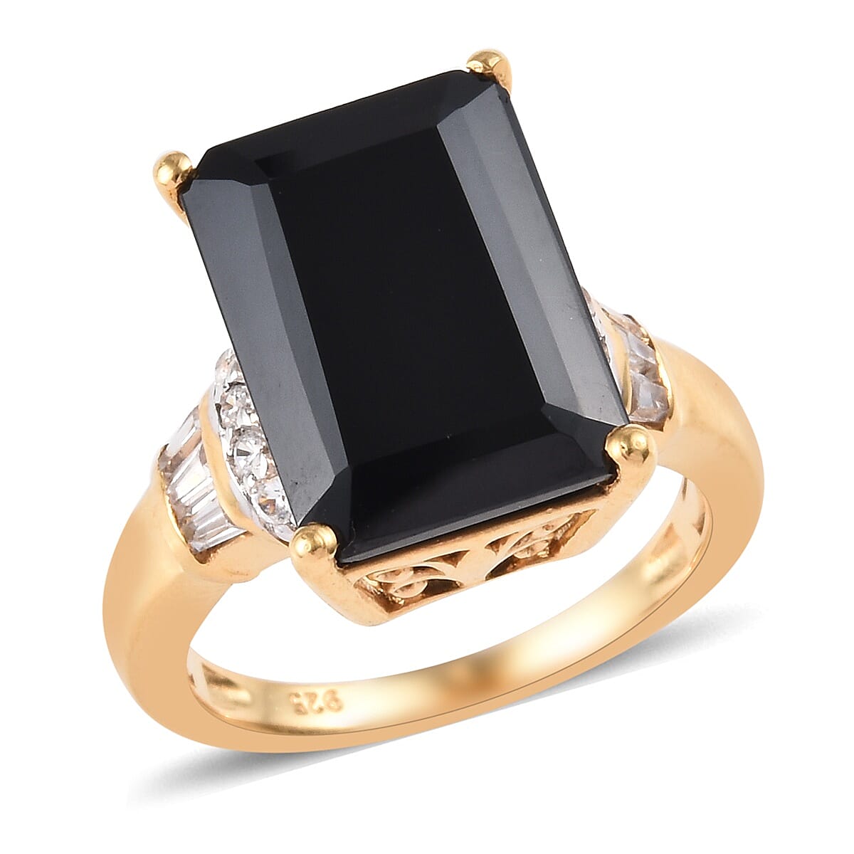 Natural Boi Ploi Black Spinel (Oct 14x10 mm), Natural Cambodian Zircon Ring in 14K Gold Overlay Sterling Silver 10.00 Ct.
