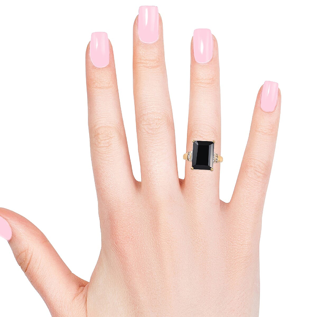 Natural Boi Ploi Black Spinel (Oct 14x10 mm), Natural Cambodian Zircon Ring in 14K Gold Overlay Sterling Silver 10.00 Ct.