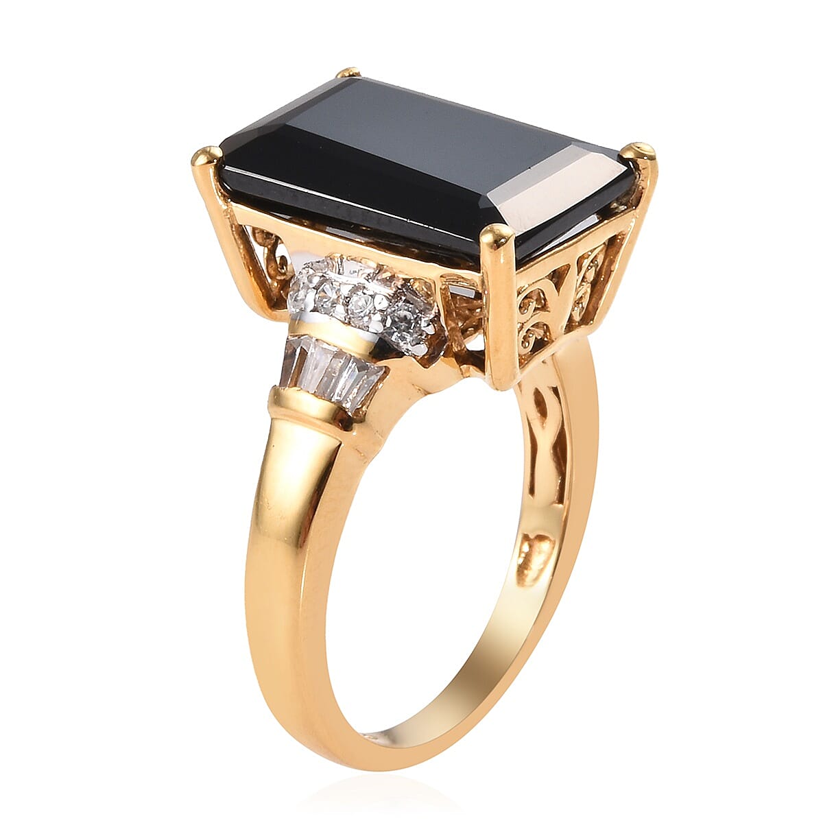 Natural Boi Ploi Black Spinel (Oct 14x10 mm), Natural Cambodian Zircon Ring in 14K Gold Overlay Sterling Silver 10.00 Ct.