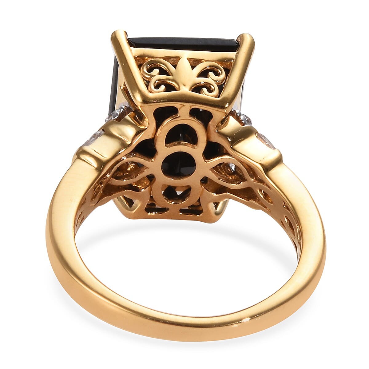 Natural Boi Ploi Black Spinel (Oct 14x10 mm), Natural Cambodian Zircon Ring in 14K Gold Overlay Sterling Silver 10.00 Ct.