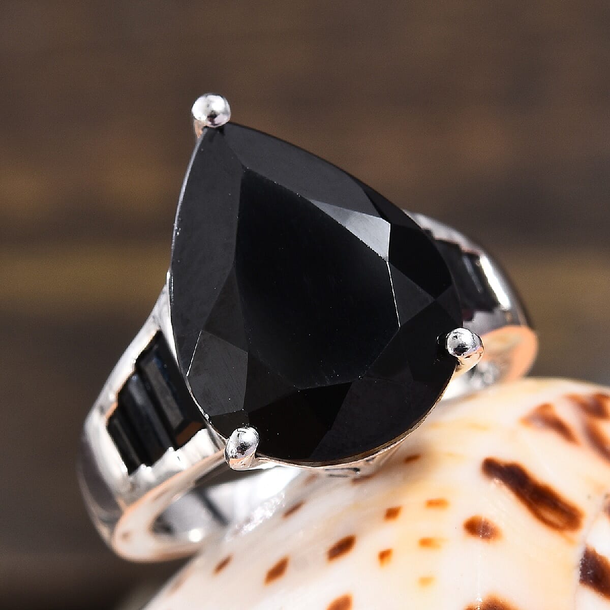 Natural Boi Ploi Black Spinel (Pear and Bgt) Ring in Platinum Overlay Sterling Silver 10.00 Ct.