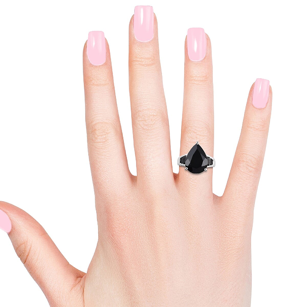 Natural Boi Ploi Black Spinel (Pear and Bgt) Ring in Platinum Overlay Sterling Silver 10.00 Ct.