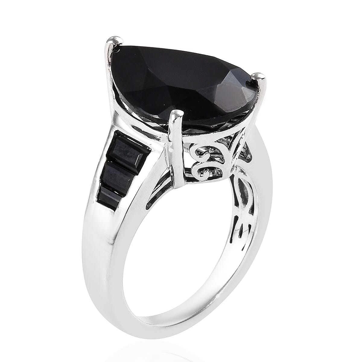 Natural Boi Ploi Black Spinel (Pear and Bgt) Ring in Platinum Overlay Sterling Silver 10.00 Ct.
