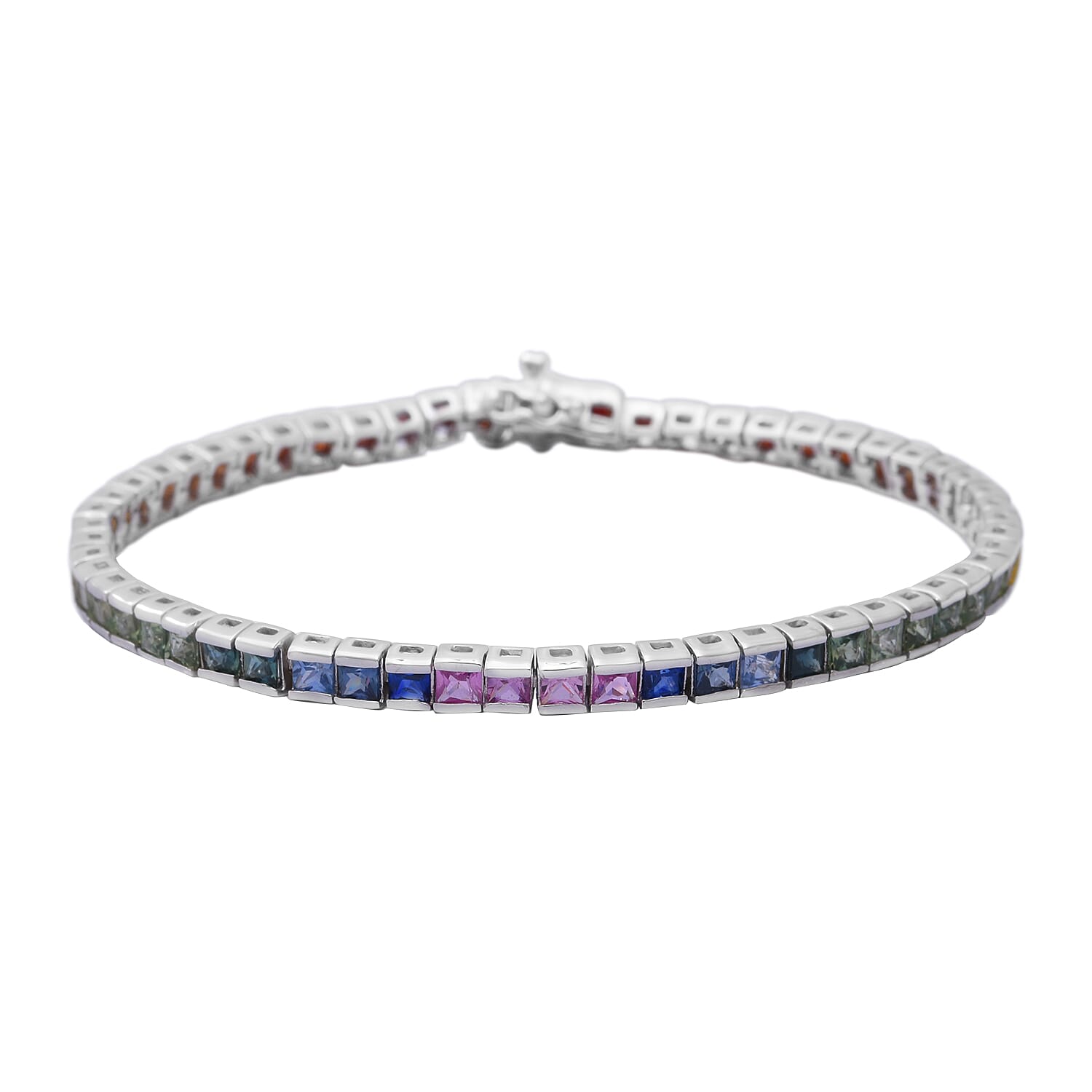 Collectors Edition- Rainbow Sapphire (Princess Cut) Channel Set Bracelet (Size 7) Rhodium Plated Sterling Silver 7.42 Ct, Silver wt 9.50 Gms