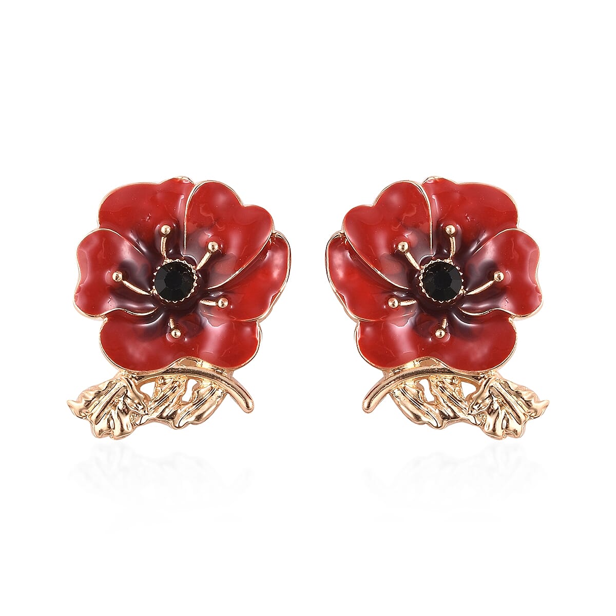 TJC  Design Red and Black Enamelled  Flower Gold Tone Earrings (with Push Back)