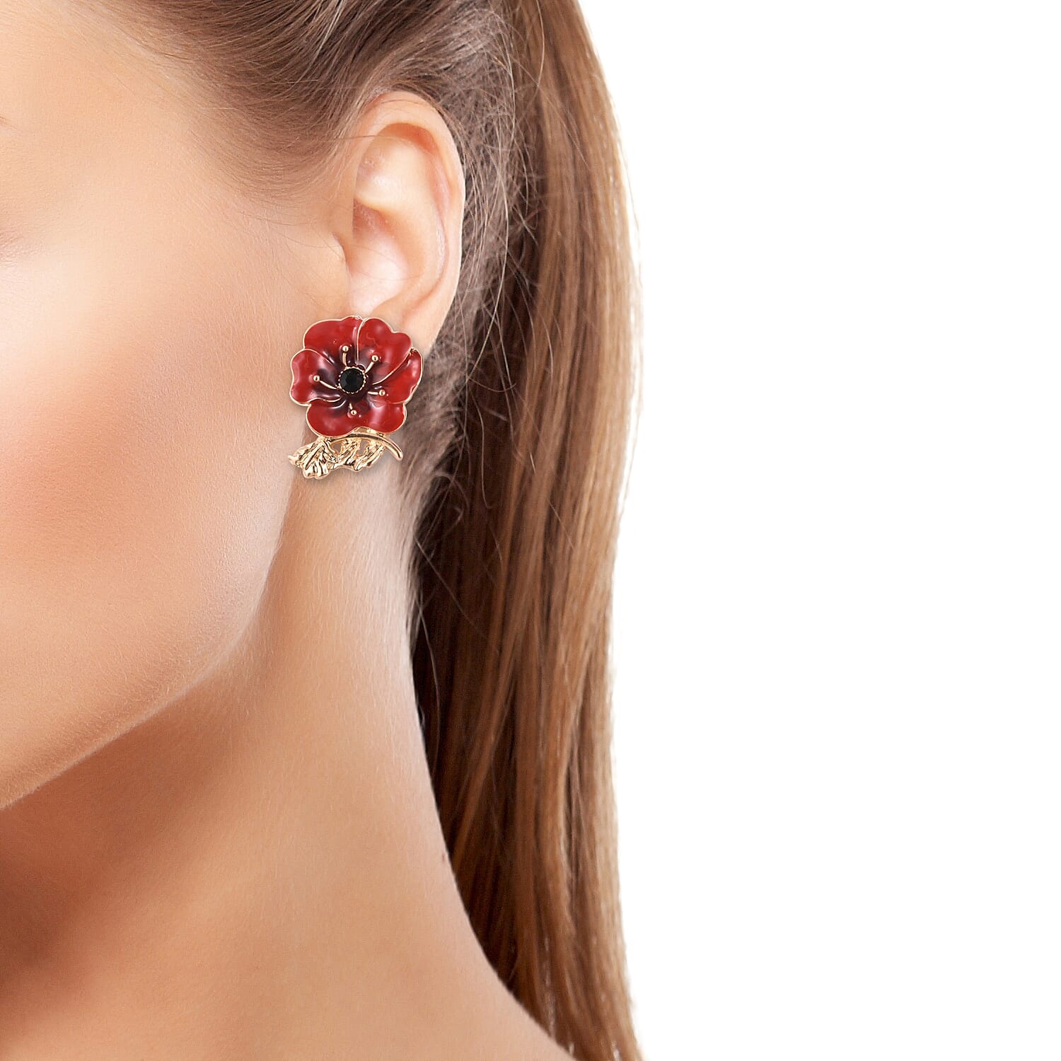 TJC  Design Red and Black Enamelled  Flower Gold Tone Earrings (with Push Back)