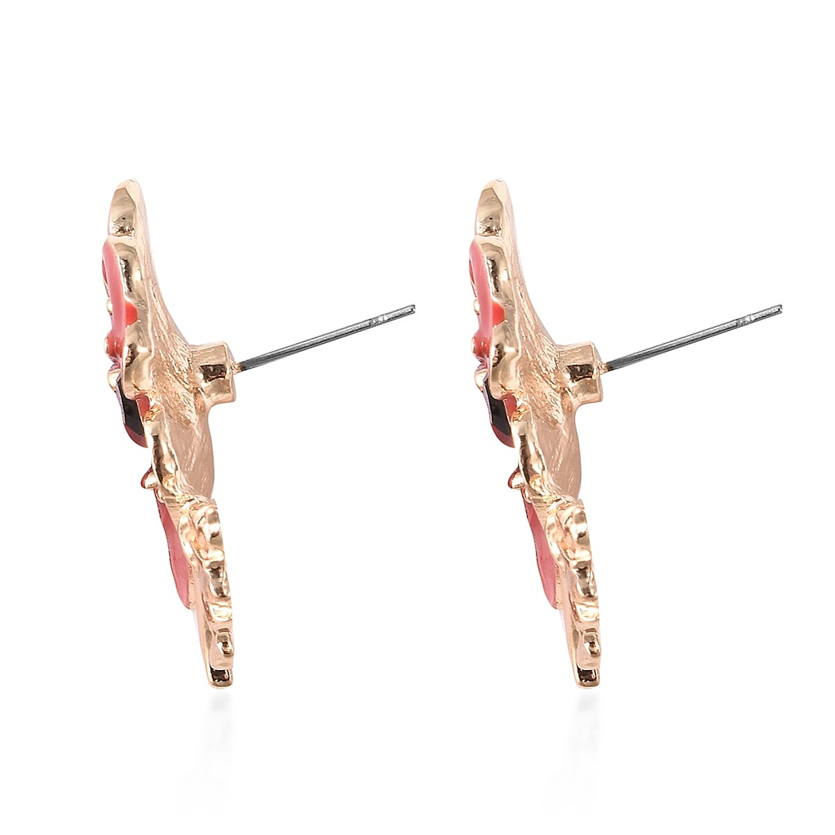 TJC  Design Red and Black Enamelled  Flower Gold Tone Earrings (with Push Back)