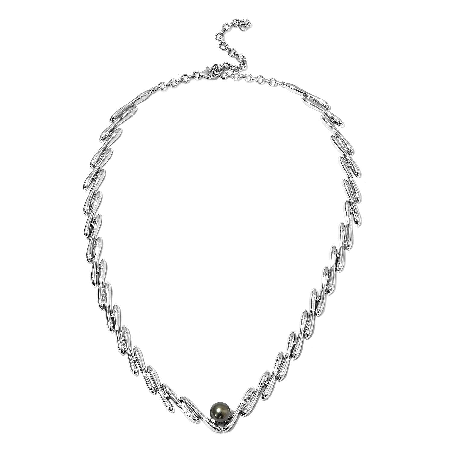 LucyQ Tahitian Pearl (Rnd 10mm) Necklace (Size 20 with 3 inch Extender) in Rhodium Overlay Sterling Silver, Silver wt 65.00 Gms