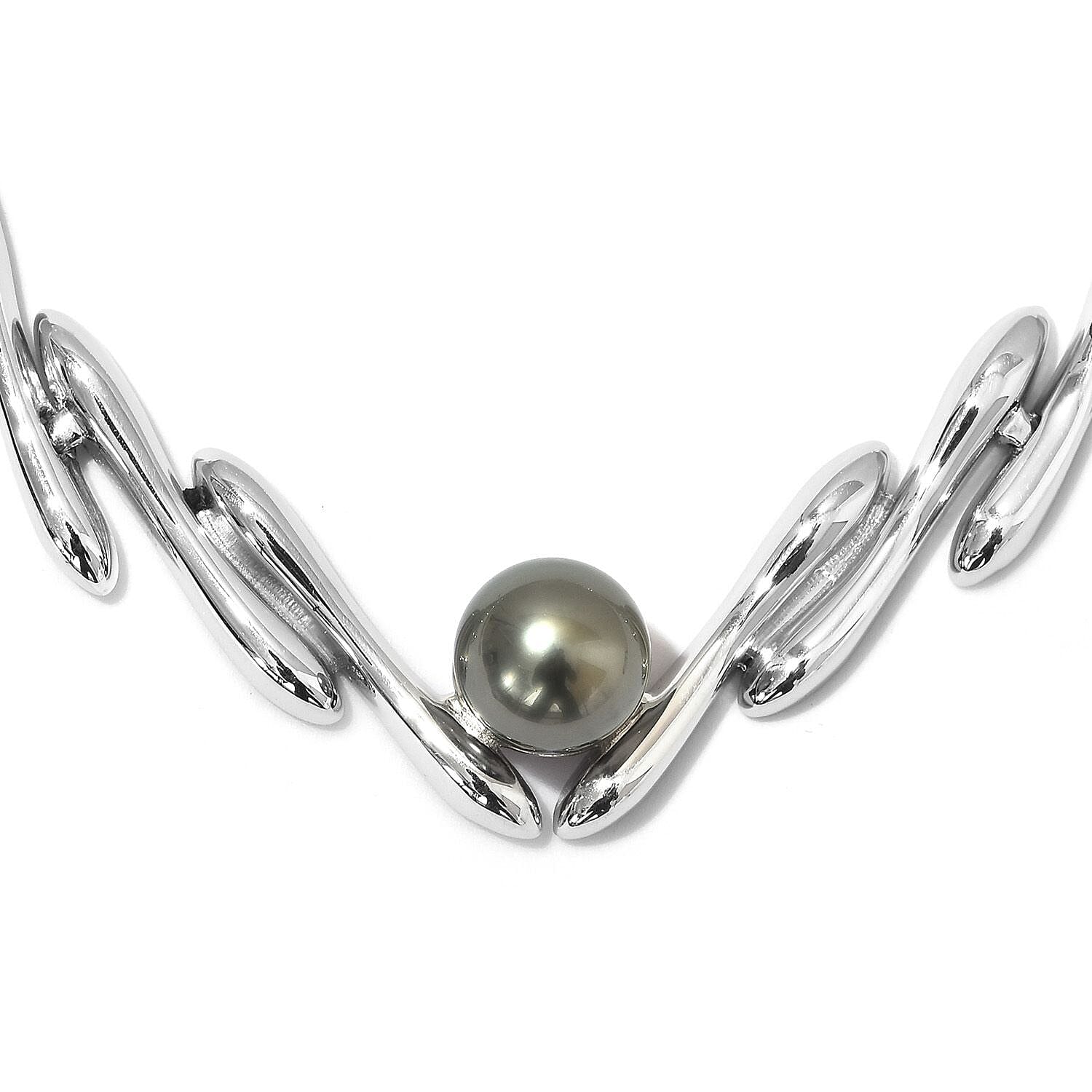 LucyQ Tahitian Pearl (Rnd 10mm) Necklace (Size 20 with 3 inch Extender) in Rhodium Overlay Sterling Silver, Silver wt 65.00 Gms