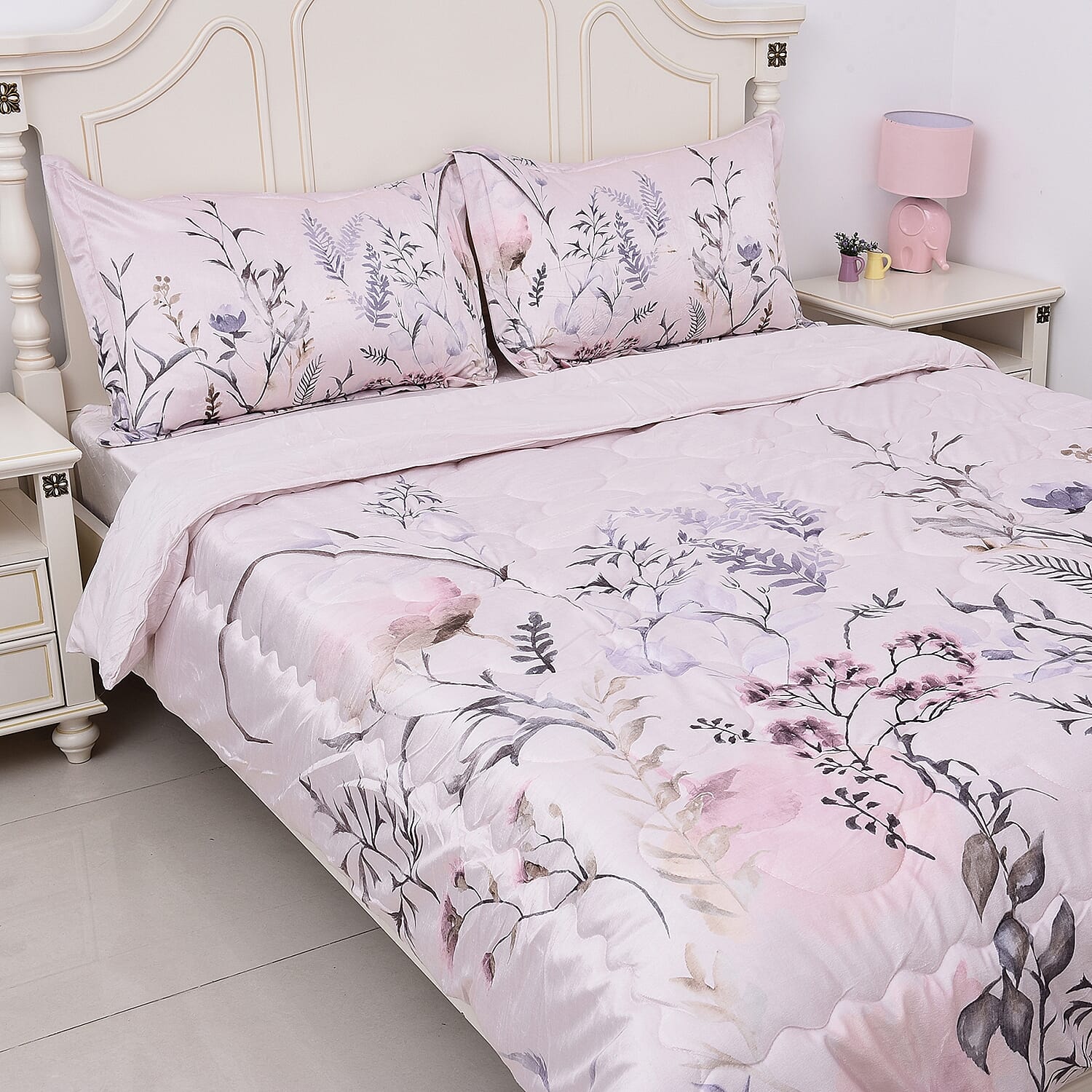 4 Piece Set - Soft and Warm Microflannel Luxury Duvet Set (1 Duvet, 1 Fitted Sheet KING Size and 2 Pillow Cases) with Floral Print - Ivory