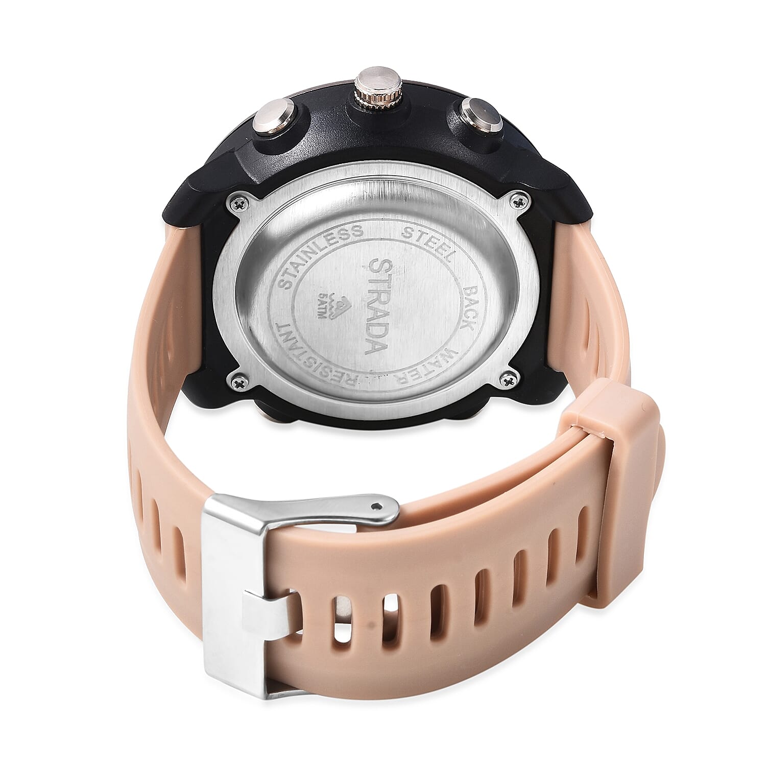 STRADA Japanese and Electronic Movement 5ATM Water Resistant Sports Watch in Stainless Steel with Khaki Silicone Strap