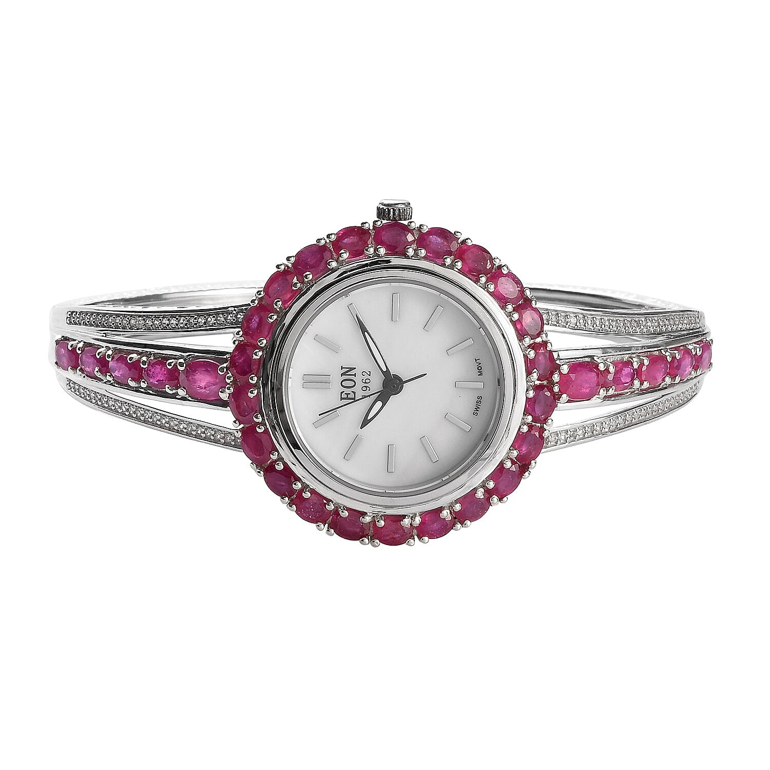EON Swiss Movement African Ruby, Natural Cambodian Zircon Water Res. Adjustable Bangle Watch (Size 7.5 - 8.5) in Platinum Overlay Sterling Silver 9.08 Ct, Silver wt 23 Gms