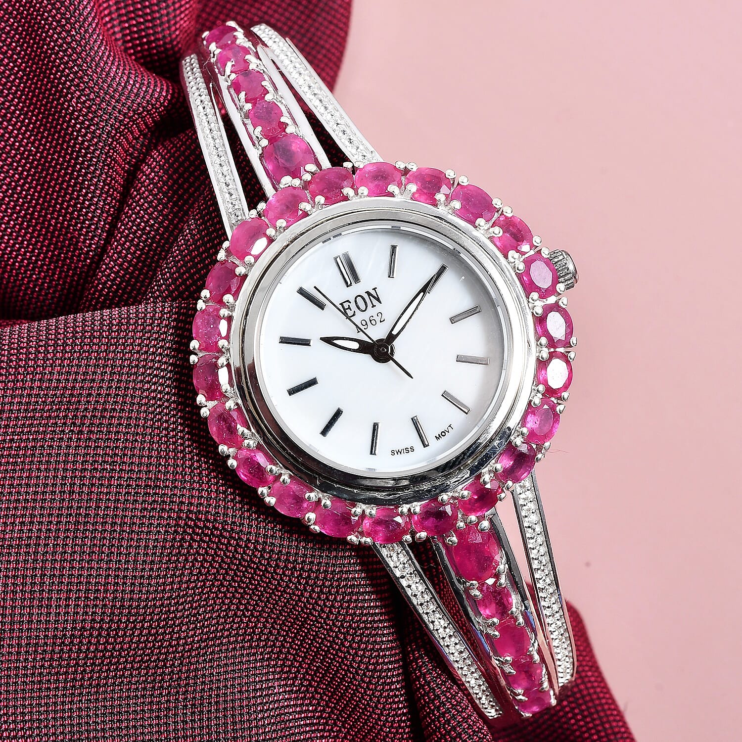 EON Swiss Movement African Ruby, Natural Cambodian Zircon Water Res. Adjustable Bangle Watch (Size 7.5 - 8.5) in Platinum Overlay Sterling Silver 9.08 Ct, Silver wt 23 Gms