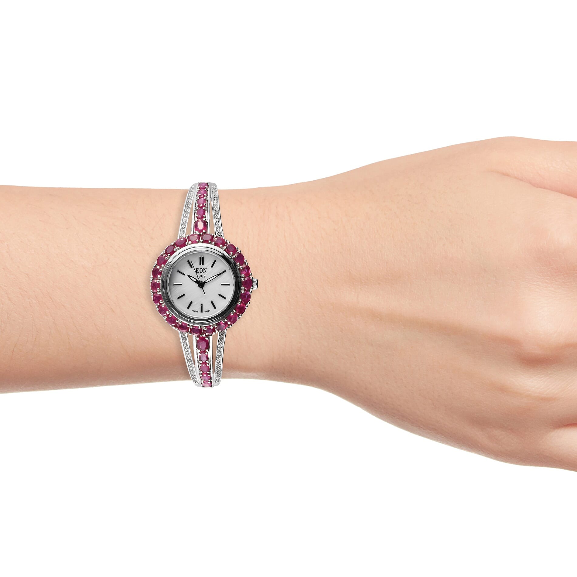 EON Swiss Movement African Ruby, Natural Cambodian Zircon Water Res. Adjustable Bangle Watch (Size 7.5 - 8.5) in Platinum Overlay Sterling Silver 9.08 Ct, Silver wt 23 Gms