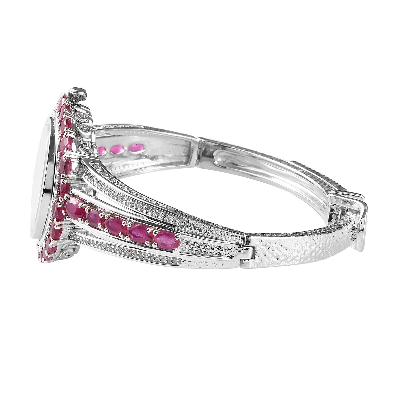 EON Swiss Movement African Ruby, Natural Cambodian Zircon Water Res. Adjustable Bangle Watch (Size 7.5 - 8.5) in Platinum Overlay Sterling Silver 9.08 Ct, Silver wt 23 Gms