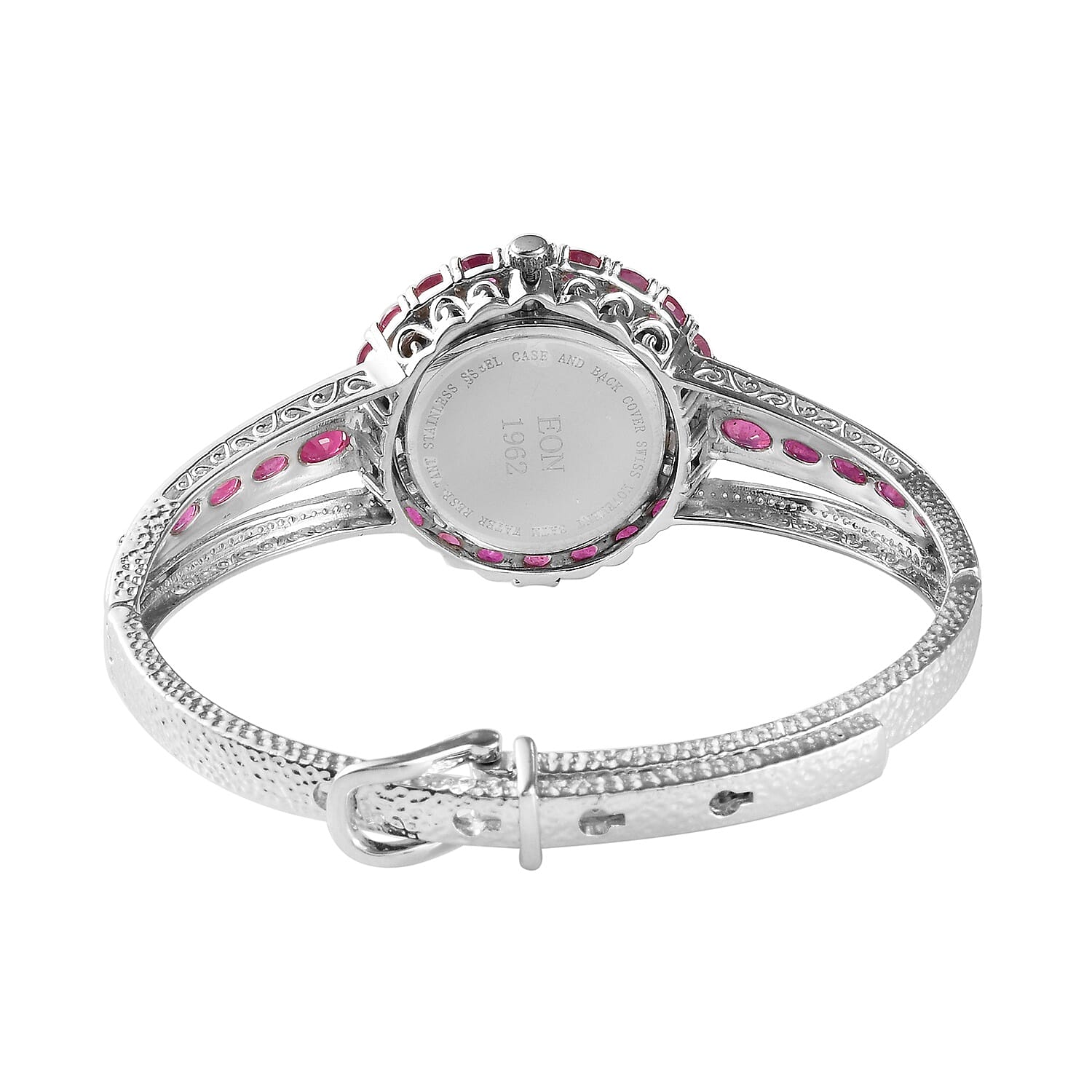 EON Swiss Movement African Ruby, Natural Cambodian Zircon Water Res. Adjustable Bangle Watch (Size 7.5 - 8.5) in Platinum Overlay Sterling Silver 9.08 Ct, Silver wt 23 Gms
