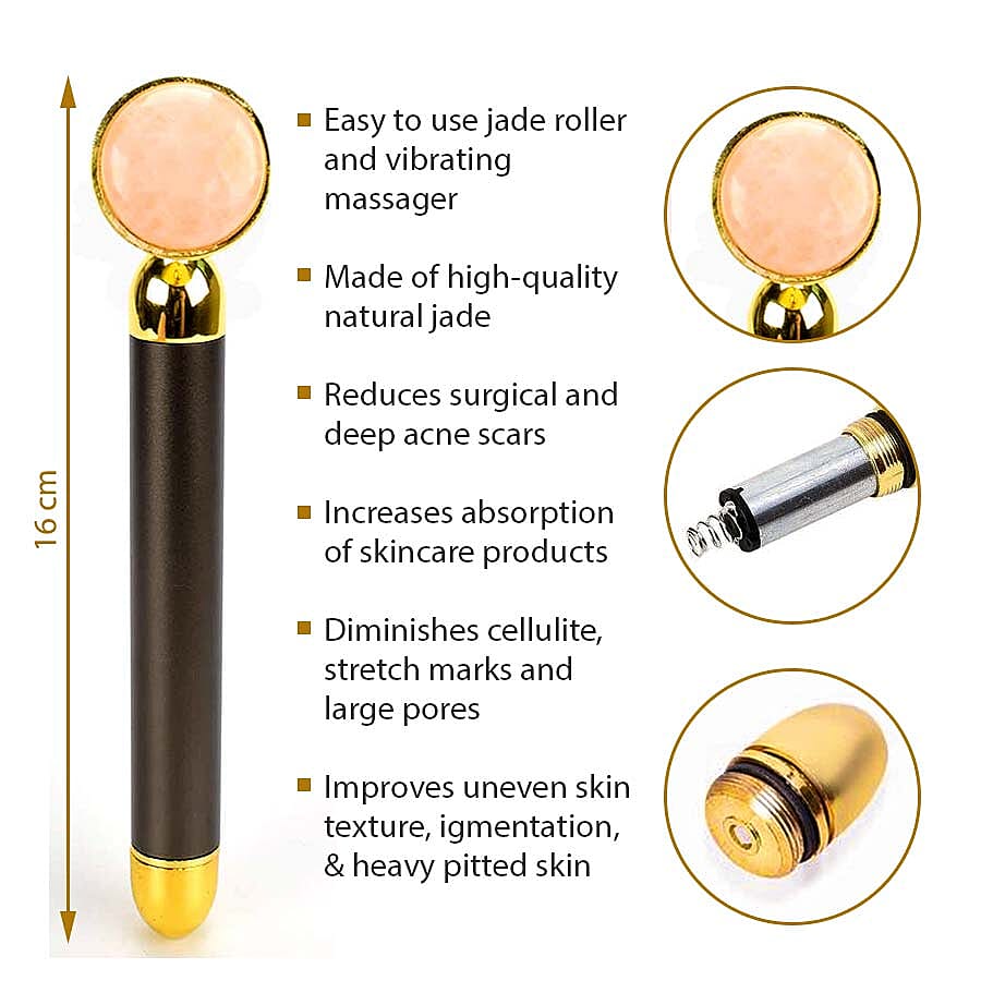 Electric Green Jade Roller Vibrating Massager (Dia: 3 Cm, H: 16 Cm) - Gold and Grey (1xAA Battery not Included)