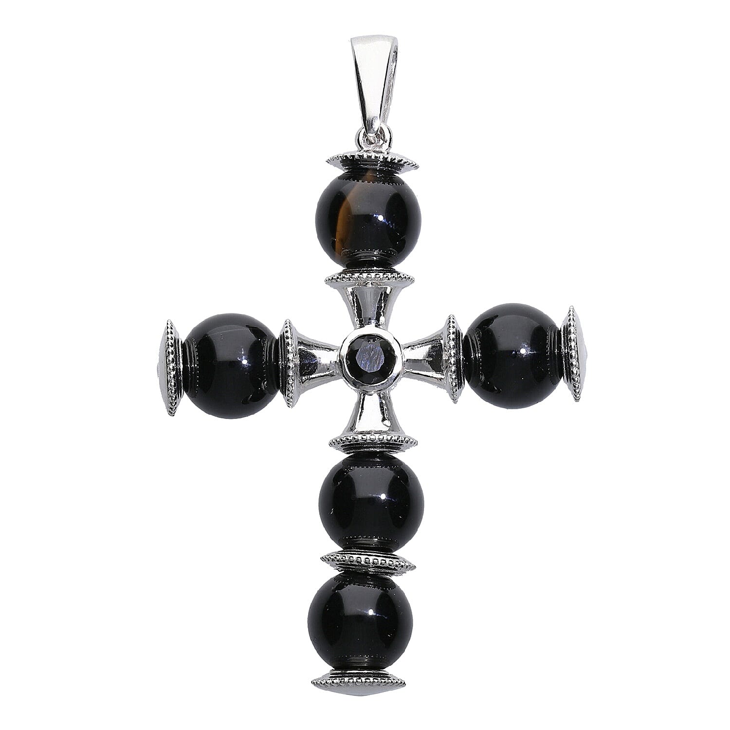 Black Onyx (Rnd), Boi Ploi Black Spinel Cross Pendant in Platinum Plated 39.25 Ct.