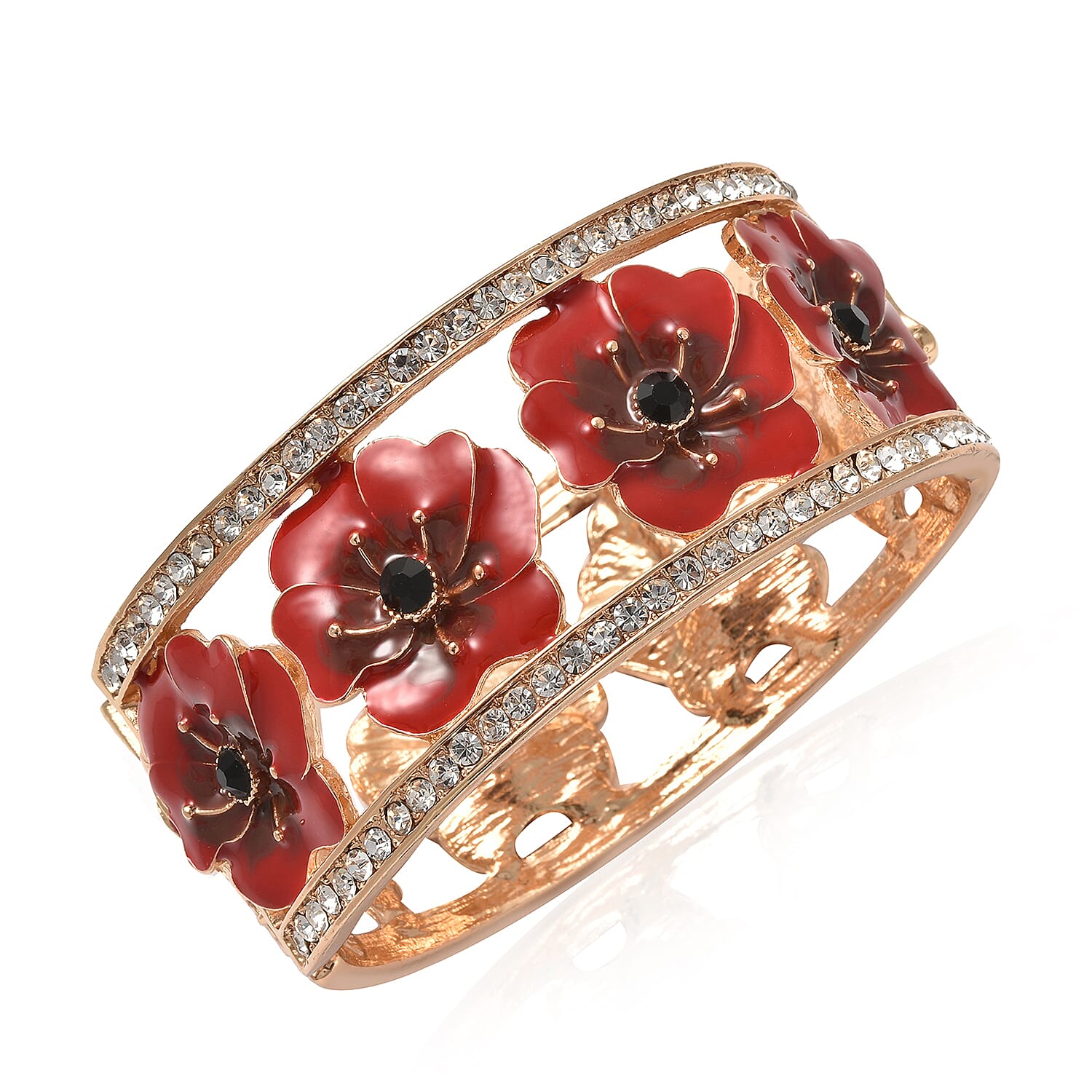 Black and White Austrian Crystal (Rnd)  Flower Enamelled Bangle (Size 7.5) in Gold Tone