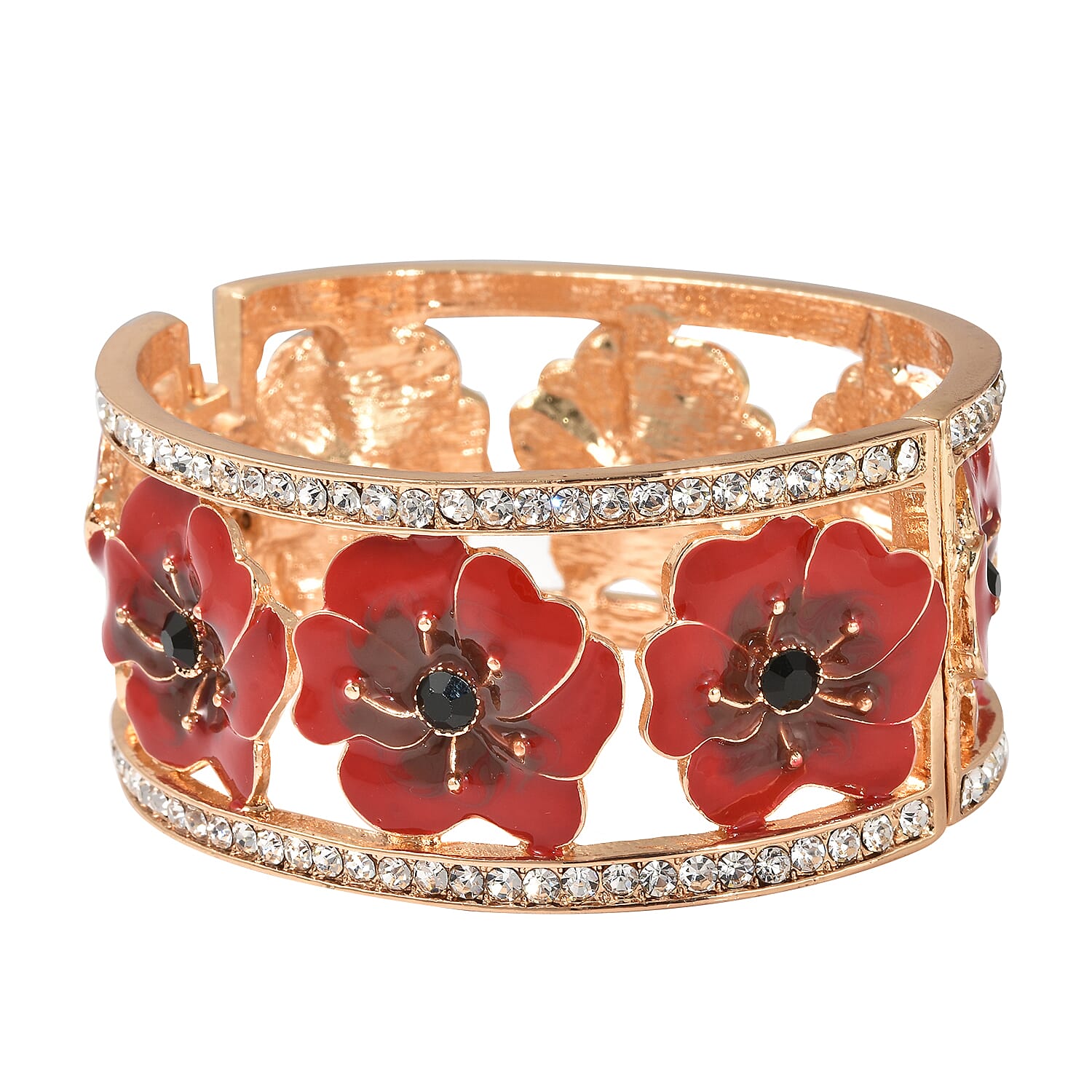 Black and White Austrian Crystal (Rnd)  Flower Enamelled Bangle (Size 7.5) in Gold Tone