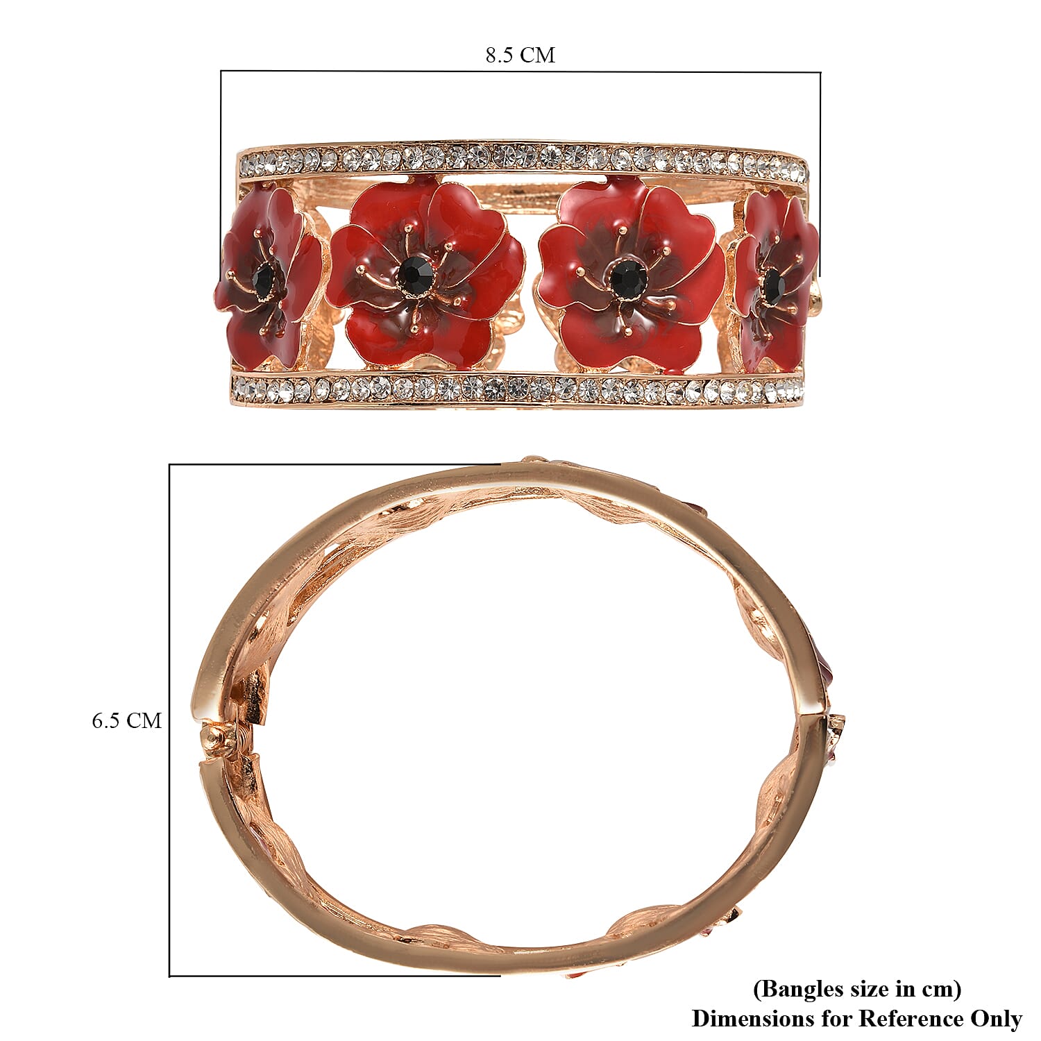 Black and White Austrian Crystal (Rnd)  Flower Enamelled Bangle (Size 7.5) in Gold Tone