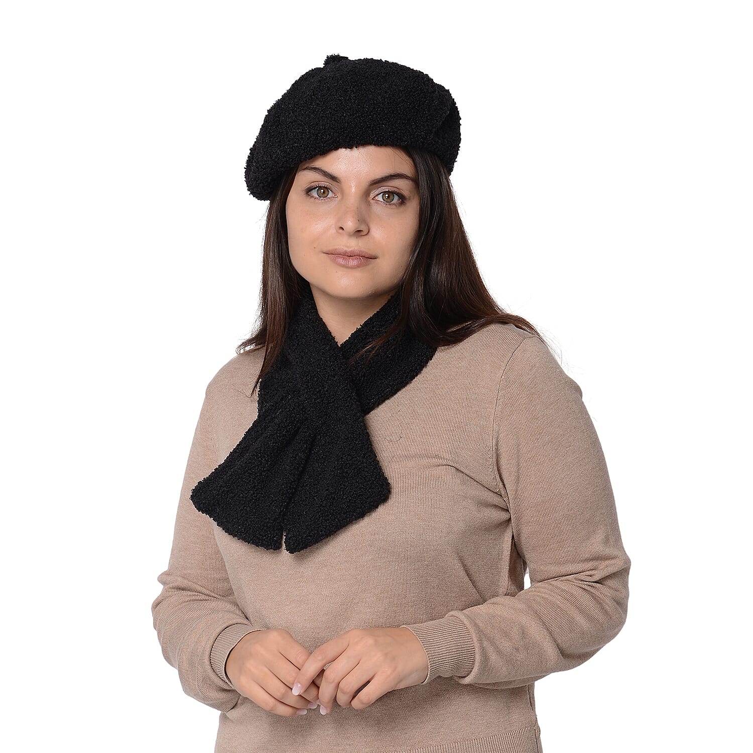 2 Piece Set - Faux Fur Winter Scarf (Size 13x92 Cm) and Hat (Size 56 Cm) - Black