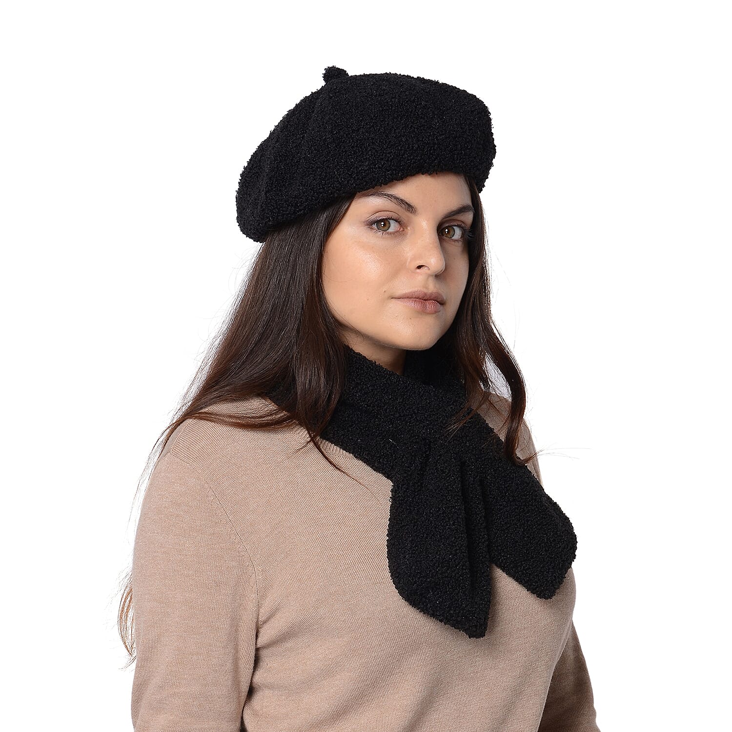 2 Piece Set - Faux Fur Winter Scarf (Size 13x92 Cm) and Hat (Size 56 Cm) - Black