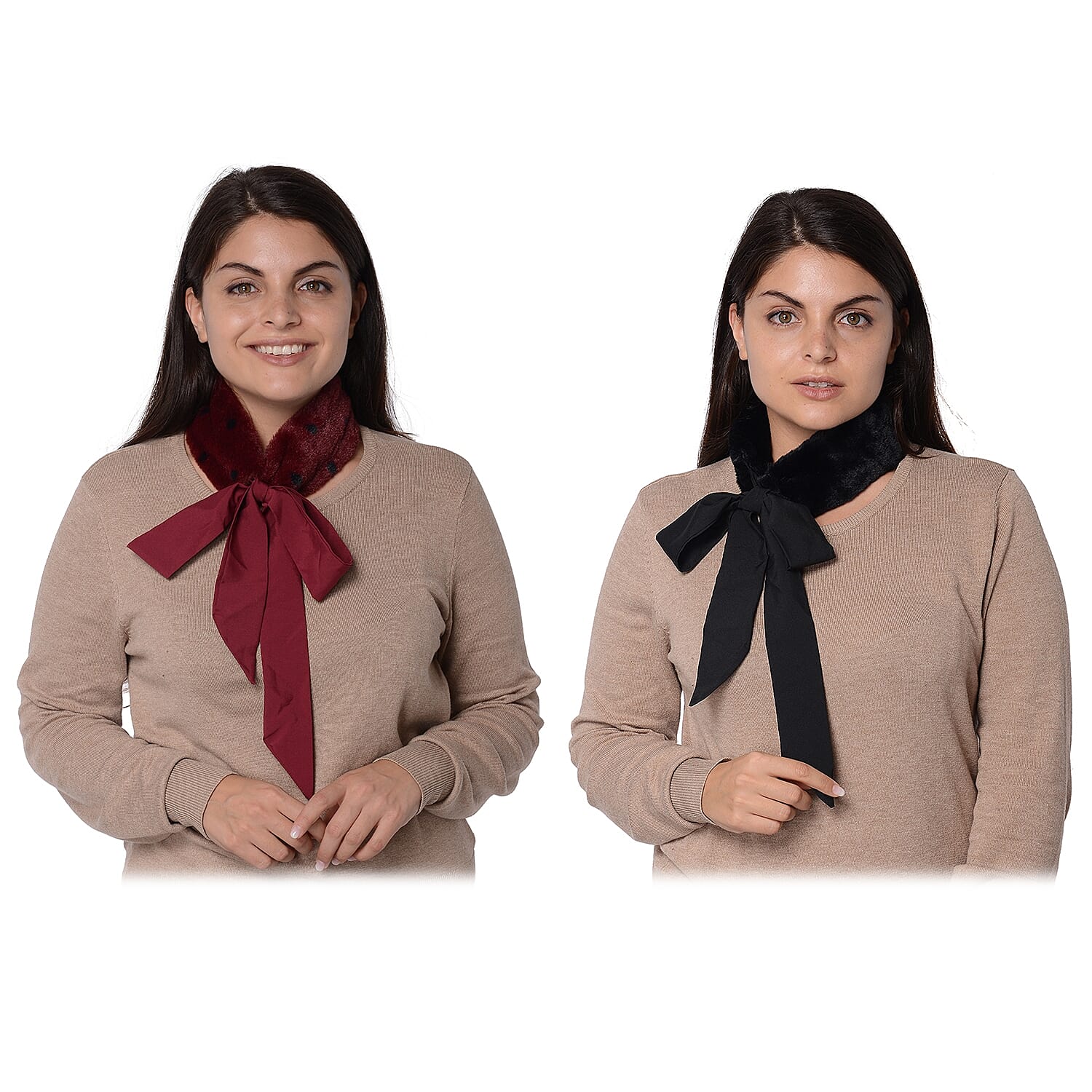 Set of 2 - Solid Colour and Dot Pattern Faux Fur Collar Scarf with Ribbon Strap (Size 7.62x48.3+63.5x5.08cm) - Solid Black and Wine