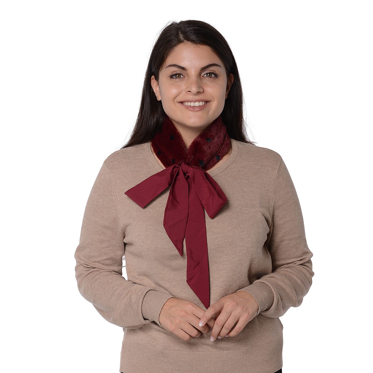 Set of 2 - Solid Colour and Dot Pattern Faux Fur Collar Scarf with Ribbon Strap (Size 7.62x48.3+63.5x5.08cm) - Solid Black and Wine