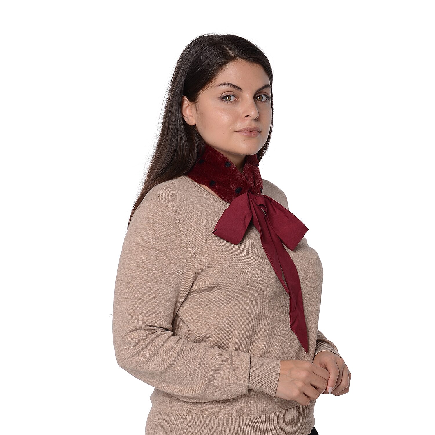 Set of 2 - Solid Colour and Dot Pattern Faux Fur Collar Scarf with Ribbon Strap (Size 7.62x48.3+63.5x5.08cm) - Solid Black and Wine