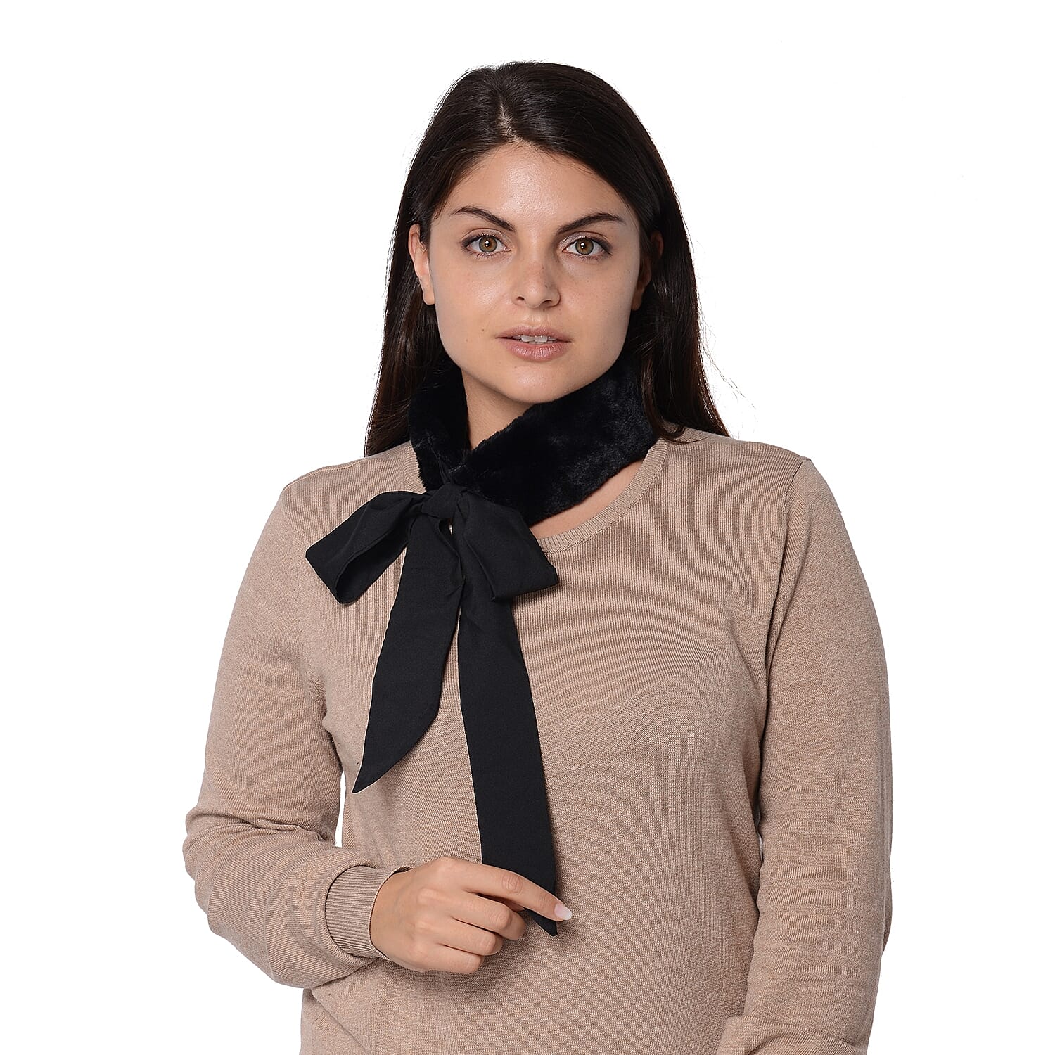 Set of 2 - Solid Colour and Dot Pattern Faux Fur Collar Scarf with Ribbon Strap (Size 7.62x48.3+63.5x5.08cm) - Solid Black and Wine